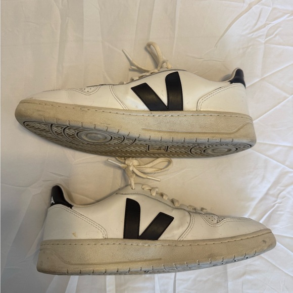 Veja V-10 White Leather Sneakers with Black V Logo - Men Size 10